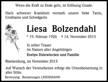 Traueranzeige von Liesa Bolzendahl  von Magdeburger Volksstimme