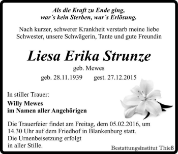 Traueranzeige von Liesa Erika Strunze (geb. Mewes)  von Magdeburger Volksstimme