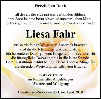 Traueranzeige von Liesa Fahr  von Magdeburger Volksstimme