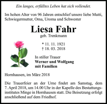 Traueranzeige von Liesa Fahr (geborene Kriebel)  von Magdeburger Volksstimme