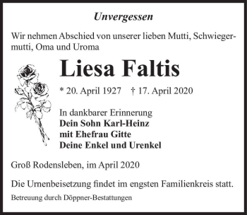 Traueranzeige von Liesa Faltis  von Magdeburger Volksstimme