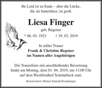 Traueranzeige von Liesa Finger (geb. Regener)  von Magdeburger Volksstimme