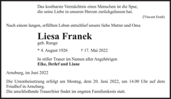 Traueranzeige von Liesa Franek (geb. Runge)  von Magdeburger Volksstimme
