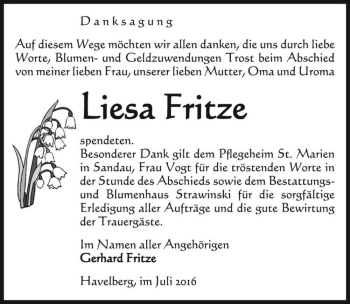 Traueranzeige von Liesa Fritze  von Magdeburger Volksstimme