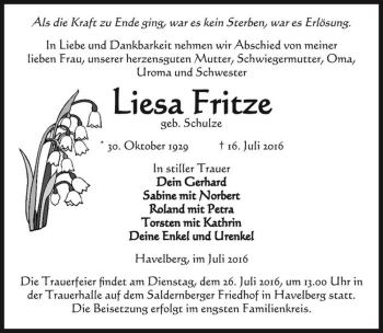 Traueranzeige von Liesa Fritze (geb. Schulze)  von Magdeburger Volksstimme