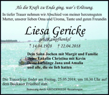 Traueranzeige von Liesa Gericke (geb. Kampfhenkel)  von Magdeburger Volksstimme