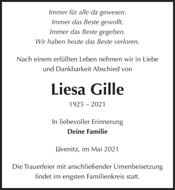Traueranzeige von Liesa Gille  von Magdeburger Volksstimme