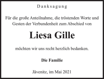 Traueranzeige von Liesa Gille  von Magdeburger Volksstimme