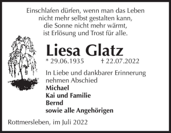 Traueranzeige von Liesa Glatz  von Magdeburger Volksstimme