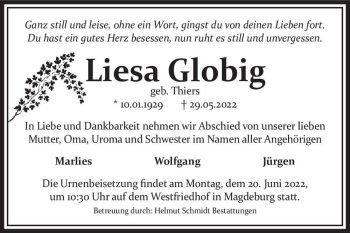 Traueranzeige von Liesa Globig (geb. Thiers)  von Magdeburger Volksstimme