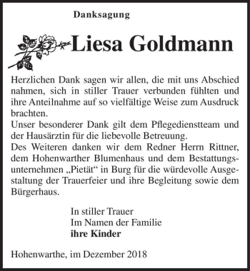Traueranzeige von Liesa Goldmann  von Magdeburger Volksstimme