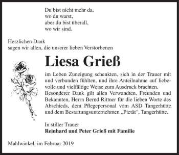 Traueranzeige von Liesa Grieß  von Magdeburger Volksstimme