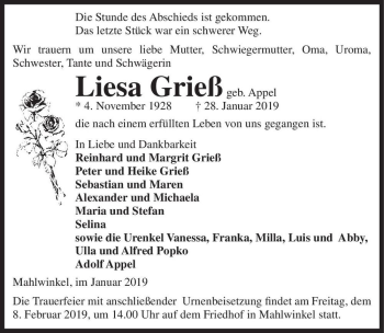 Traueranzeige von Liesa Grieß (geb. Appel)  von Magdeburger Volksstimme