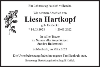 Traueranzeige von Liesa Hartkopf (geb. Heidecke)  von Magdeburger Volksstimme