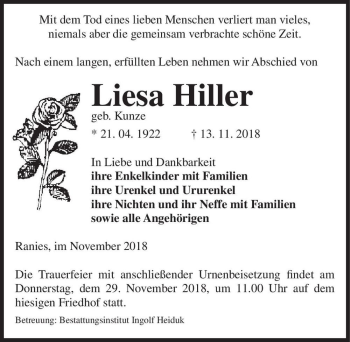 Traueranzeige von Liesa Hiller (geb. Kunze)  von Magdeburger Volksstimme