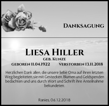 Traueranzeige von Liesa Hiller (geb. Kunze)  von Magdeburger Volksstimme