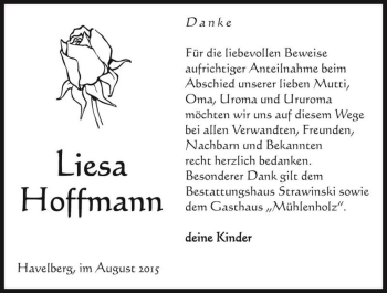 Traueranzeige von Liesa Hoffmann  von Magdeburger Volksstimme