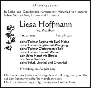 Traueranzeige von Liesa Hoffmann (geb. Waldbach)  von Magdeburger Volksstimme