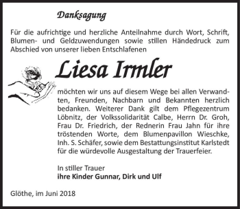 Traueranzeige von Liesa Irmler  von Magdeburger Volksstimme