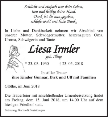 Traueranzeige von Liesa Irmler (geb. Illing)  von Magdeburger Volksstimme