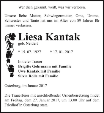 Traueranzeige von Liesa Kantak (geb. Neidert)  von Magdeburger Volksstimme