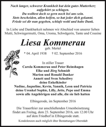 Traueranzeige von Liesa Kommerau (geb. Mertel)  von Magdeburger Volksstimme