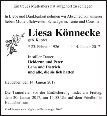 Traueranzeige von Liesa Könnecke (geb. Kupfer)  von Magdeburger Volksstimme