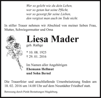 Traueranzeige von Liesa Mader (geb. Rathge)  von Magdeburger Volksstimme