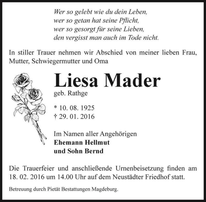  Traueranzeige für Liesa Mader (geb. Rathge)  vom 13.02.2016 aus Magdeburger Volksstimme