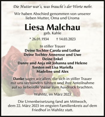 Traueranzeige von Liesa Malchau (geb. Kahle)  von Magdeburger Volksstimme