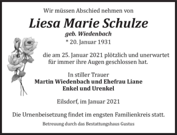 Traueranzeige von Liesa Marie Schulze (geb. Wiedenbach)  von Magdeburger Volksstimme