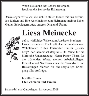 Traueranzeige von Liesa Meinecke  von Magdeburger Volksstimme