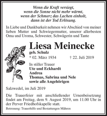 Traueranzeige von Liesa Meinecke (geb. Schulz)  von Magdeburger Volksstimme