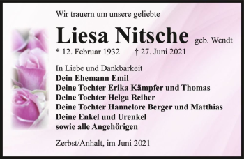 Traueranzeige von Liesa Nitsche (geb. Wendt)  von Magdeburger Volksstimme