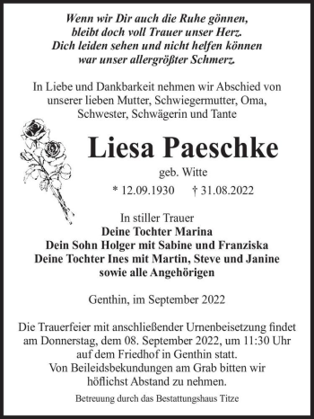 Traueranzeige von Liesa Paeschke (geb. Witte)  von Magdeburger Volksstimme