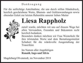 Traueranzeige von Liesa Rappholz  von Magdeburger Volksstimme