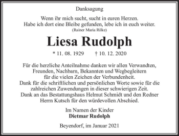 Traueranzeige von Liesa Rudolph  von Magdeburger Volksstimme