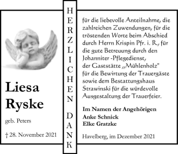 Traueranzeige von Liesa Ryske (geb. Peters)  von Magdeburger Volksstimme