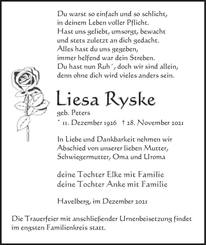  Traueranzeige für Liesa Ryske (geb. Peters)  vom 07.12.2021 aus Magdeburger Volksstimme