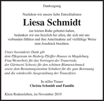 Traueranzeige von Liesa Schmidt  von Magdeburger Volksstimme