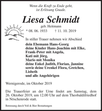 Traueranzeige von Liesa Schmidt (geb. Heitmann)  von Magdeburger Volksstimme