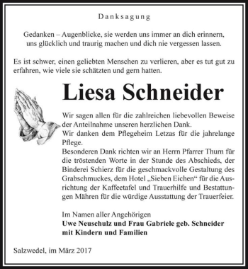 Traueranzeige von Liesa Schneider  von Magdeburger Volksstimme