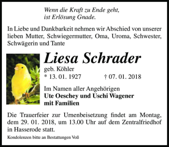 Traueranzeige von Liesa Schrader (geb. Köhler)  von Magdeburger Volksstimme