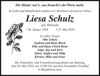Traueranzeige von Liesa Schulz (geb. Wallstabe)  von Magdeburger Volksstimme
