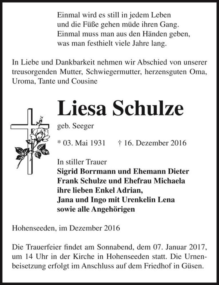  Traueranzeige für Liesa Schulze (geb. Seeger)  vom 24.12.2016 aus Magdeburger Volksstimme