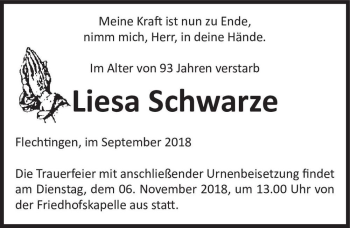 Traueranzeige von Liesa Schwarze  von Magdeburger Volksstimme