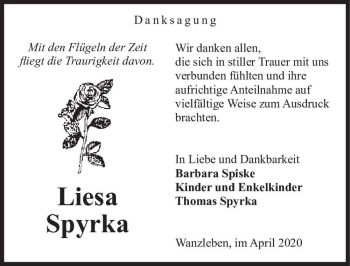 Traueranzeige von Liesa Spyrka  von Magdeburger Volksstimme