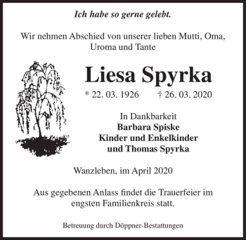 Traueranzeige von Liesa Spyrka  von Magdeburger Volksstimme