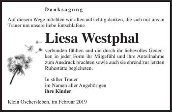 Traueranzeige von Liesa Westphal  von Magdeburger Volksstimme