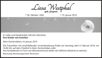 Traueranzeige von Liesa Westphal (geb. Jürgens)  von Magdeburger Volksstimme